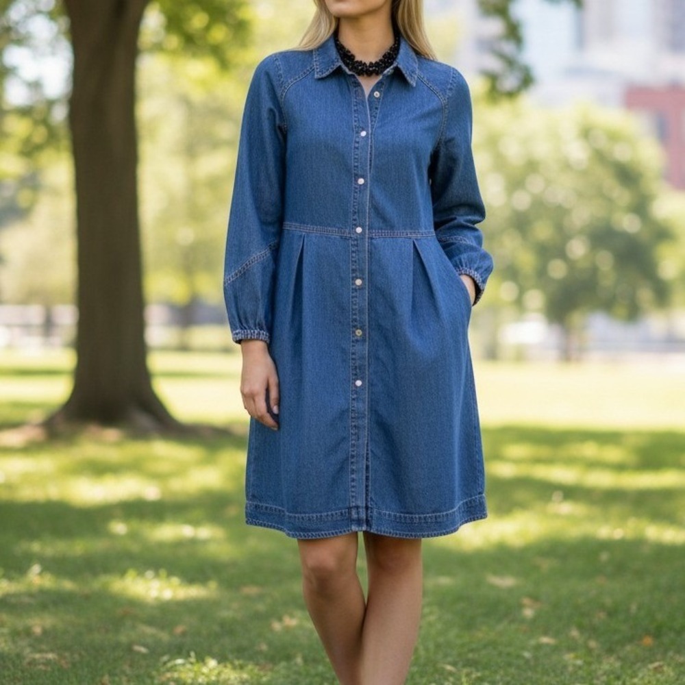 Habitual Dress Large Blue‎ Cotton Denim Snap Front Long Sleeve Mini Shirt 4062